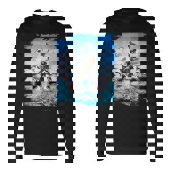 恐竜乗馬サメ ビーチオーシャンサメ サングラス 面白い 長袖Tシャツ - Kawaiitshirt