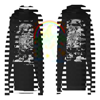 恐竜恐竜に乗る緑のイグアナ 長袖Tシャツ - Kawaiitshirt