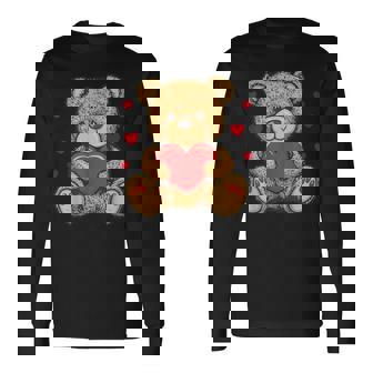 愛らしいハート付きテディベア ラブぬいぐるみ 長袖Tシャツ - Kawaiitshirt