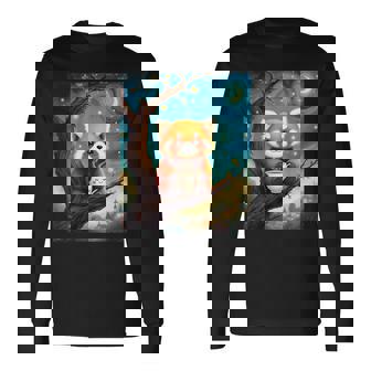 愛らしいレッサーパンダとティーカップの星月夜イラスト 長袖Tシャツ - Kawaiitshirt