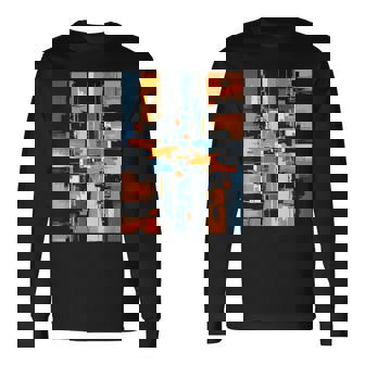 抽象幾何アート オレンジ青 モダン Abstract Geometric Composition 長袖Tシャツ - Kawaiitshirt