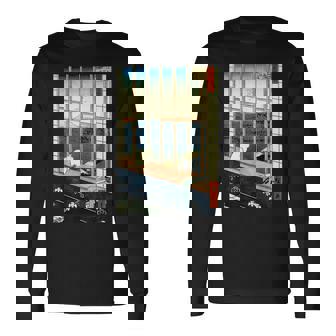 日本のヴィンテージアート 日本美術 浮世絵 日本の 多色刷 木版画 ネコ 猫 富士山 歌川 広重 長袖Tシャツ - Kawaiitshirt