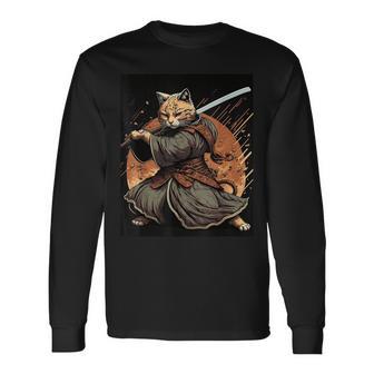 日本アート 猫 忍者 浮世絵 アニメ風 サムライキャット 長袖Tシャツ - Kawaiitshirt