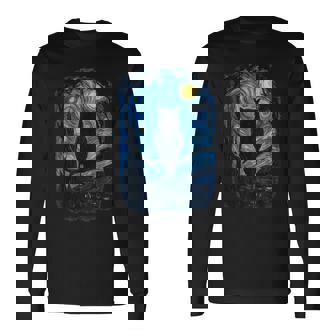 星月フクロウの夜のアートワーク 長袖Tシャツ - Kawaiitshirt