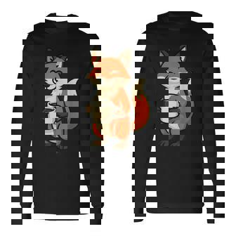 朝のコーヒーを楽しむ居心地の良いキツネ。 長袖Tシャツ - Kawaiitshirt