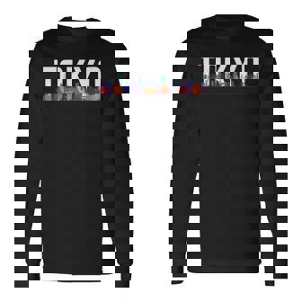 東京 日本 都市 スカイライン シルエット 楽しい カラフル 風景 長袖Tシャツ - Kawaiitshirt