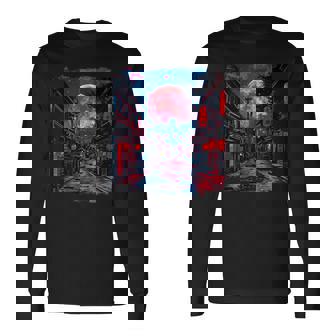 東京の街並み 日本の夜景 ライト付き ヴェイパーウェーブ 長袖Tシャツ - Kawaiitshirt