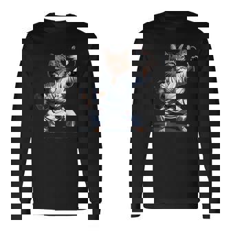 格闘技 猫 空手 黒帯 おもしろ戦闘機 長袖Tシャツ - Kawaiitshirt