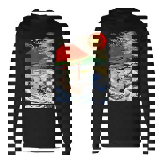 江戸日本 浮世白斎 赤富士山・津波 長袖Tシャツ - Kawaiitshirt