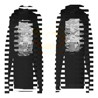 温泉 風呂 子猫 ペット好き 日本画 かわいい 猫 長袖Tシャツ - Kawaiitshirt