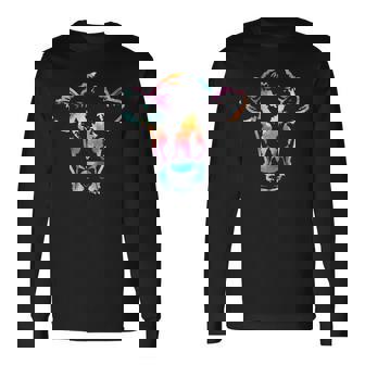 牛のアートヘッドギフト水彩画 長袖Tシャツ - Kawaiitshirt