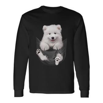 犬好きの方へのギフト サモエド ポケットに入った面白い犬の顔 長袖Tシャツ - Kawaiitshirt