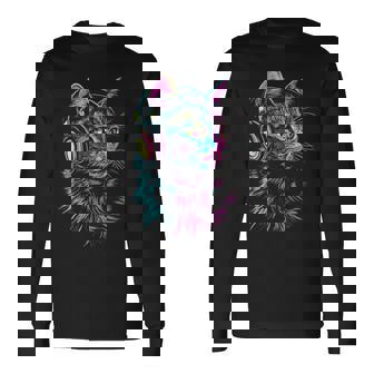 猫 動物 モチーフ 音楽 ヘッドホン イラスト 猫 長袖Tシャツ - Kawaiitshirt