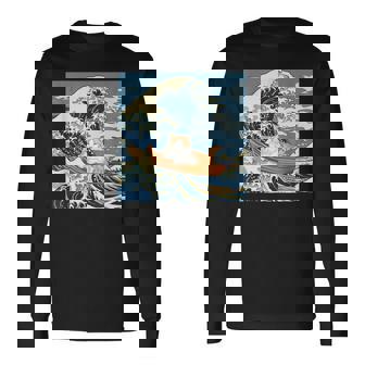 猫 葛飾北斎 神奈川沖浪裏 ネタ 冗談 ギャグ かわいい 長袖Tシャツ - Kawaiitshirt