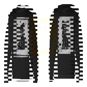 猫 鬼 ハロウィン 日本 ミニマリスト 墨絵 浮世絵風 長袖Tシャツ - Kawaiitshirt