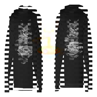 猫がラーメンを食べる リアル 長袖Tシャツ - Kawaiitshirt