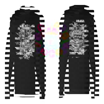 王冠とカラフルなチューリップを持つかわいいチンチラ 長袖Tシャツ - Kawaiitshirt