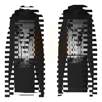 白黒写真 ヤシの木の夕日 ビンテージ写真 長袖Tシャツ - Kawaiitshirt