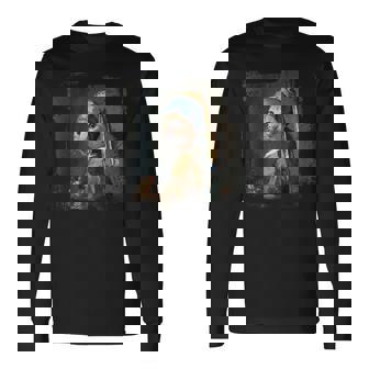 真珠のイヤリングを持つ少女 猫 パロディアート 面白い ヤン・フェルメール 長袖Tシャツ - Kawaiitshirt