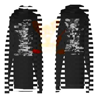 空手犬のチワワがラーメンを食べる、日本、面白いラーメン 長袖Tシャツ - Kawaiitshirt