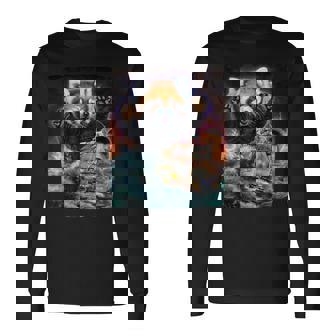 船を襲う レッサーパンダ 海 雷 嵐 長袖Tシャツ - Kawaiitshirt