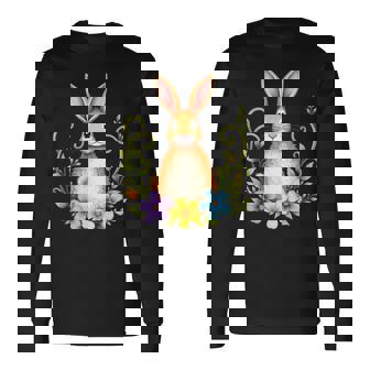 花と葉を持つ愛らしいウサギ 自然デザイン 長袖Tシャツ - Kawaiitshirt