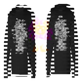 花を持つヨークシャー テリア 長袖Tシャツ - Kawaiitshirt