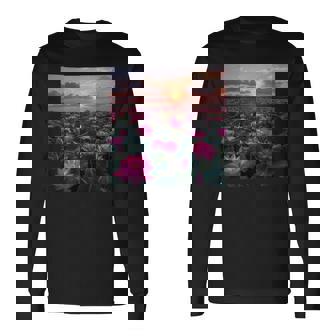 蓮の花畑 美しい夕日のグラフィック 長袖Tシャツ - Kawaiitshirt