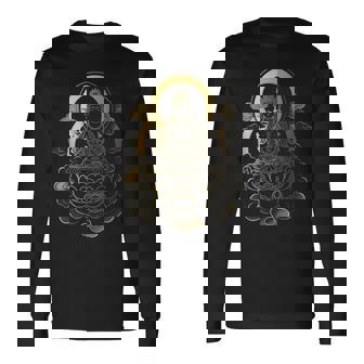 蓮の雲に座っている穏やかな仏陀 スピリチュアルマインドフルネス 長袖Tシャツ - Kawaiitshirt