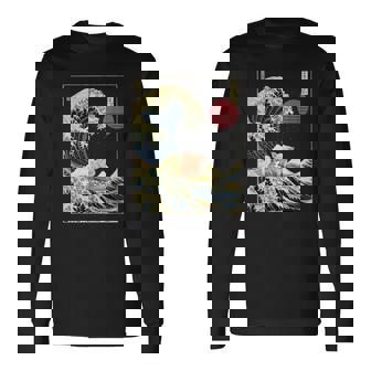 豚 神奈川 波 おもしろ サーフ 動物 長袖Tシャツ - Kawaiitshirt