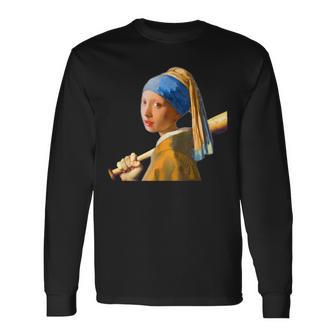 野球 面白いtシャツ フェルメール ベースボール おもしろ 服 ネタ メンズ 野球部 おもしろグッズ 子供 長袖Tシャツ - Kawaiitshirt