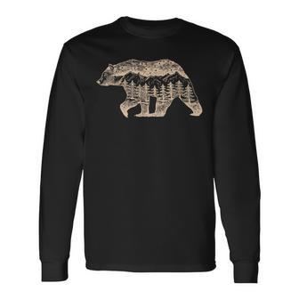 野生動物 レトロ 野生動物 クマ アウトドア 自然 森林 木 長袖Tシャツ - Kawaiitshirt