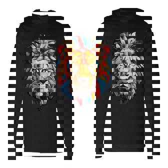 雄大なライオンヘッド 赤、黄、青の芸術的なたてがみ 長袖Tシャツ - Kawaiitshirt