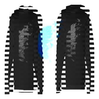 青い羽と鳥が飛んでいる青い羽 キュートでスタイリッシュ 長袖Tシャツ - Kawaiitshirt