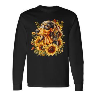 面白いtシャツ ダックスフンド ひまわり わんこ メンズ グッズ かわいい おもしろ 面白い 服 ネタ 長袖Tシャツ - Kawaiitshirt