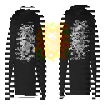 面白いtシャツ ポメラニアン ひまわり わんこ メンズ 犬好き グッズ かわいい おもしろ 面白い 服 ネタ 長袖Tシャツ - Kawaiitshirt