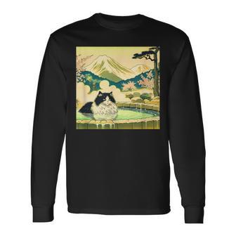 面白いtシャツ 猫 ネコ 温泉 メンズ 猫好き グッズ おもしろ 面白い 服 ネタ 猫の下僕 浮世絵 長袖Tシャツ - Kawaiitshirt