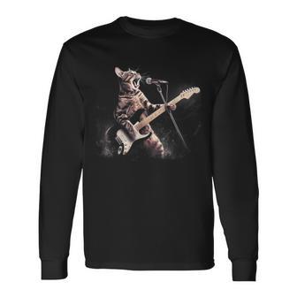 面白いギター猫 エレキギターで遊ぶ ロックスターキャット 長袖Tシャツ - Kawaiitshirt