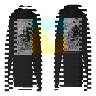 面白いゴッホのひまわり、猫のミーム、黒猫のアート。 長袖Tシャツ - Kawaiitshirt