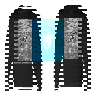 面白いボストンテリア プールで泳ぐ かわいい犬 ママ お父さん 長袖Tシャツ - Kawaiitshirt