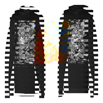 面白いレトロなデザインの猫がギターを弾く 星月夜 長袖Tシャツ - Kawaiitshirt