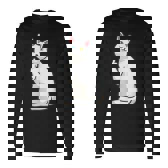 面白い猫 中指 オッドアイドキャット キティ 長袖Tシャツ - Kawaiitshirt