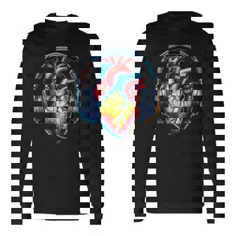 音楽解剖学的ハートとヘッドフォンdjミュージックグラフィック 長袖Tシャツ - Kawaiitshirt
