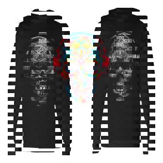 頭蓋骨アート曼荼羅ファンタジーカラフルなヘッドフォンモチーフの頭蓋骨 長袖Tシャツ - Kawaiitshirt