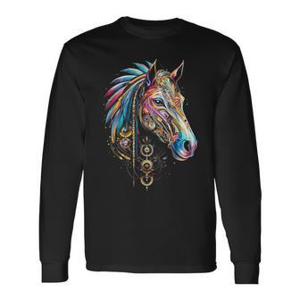 馬 動物 モチーフ イラスト 馬 長袖Tシャツ - Kawaiitshirt