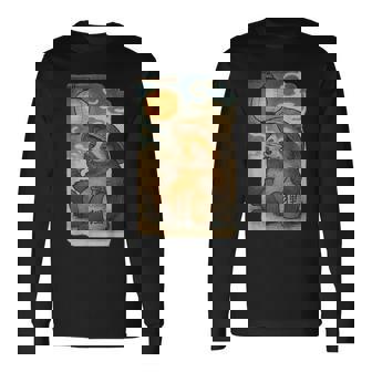 麦わら帽子をかぶったたぬき・酒・提灯・浮世絵風 長袖Tシャツ - Kawaiitshirt