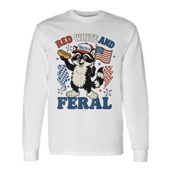 4Th Of July Usa Patriotic Red White Feral Raccoon Long Sleeve T-Shirt - Thegiftio UK
