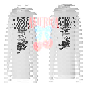 American Coquette Cherry Bow Patriotic Usa Flag 4Th Of July Long Sleeve T-Shirt - Monsterry