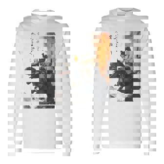 Black Cat Samurai Dinosaur Sea Wave Print Long Sleeve T-Shirt - Thegiftio