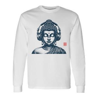 Buddha Wearing Headphones Vintage Retro Grey -Adult Short Sleeve Music Buddha Relax Long Sleeve T-Shirt - Thegiftio UK
